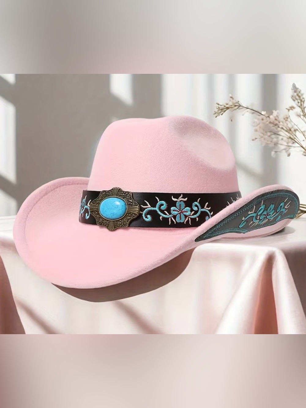 Pink Embroidered Western Cowgirl Hat with Turquoise Accent